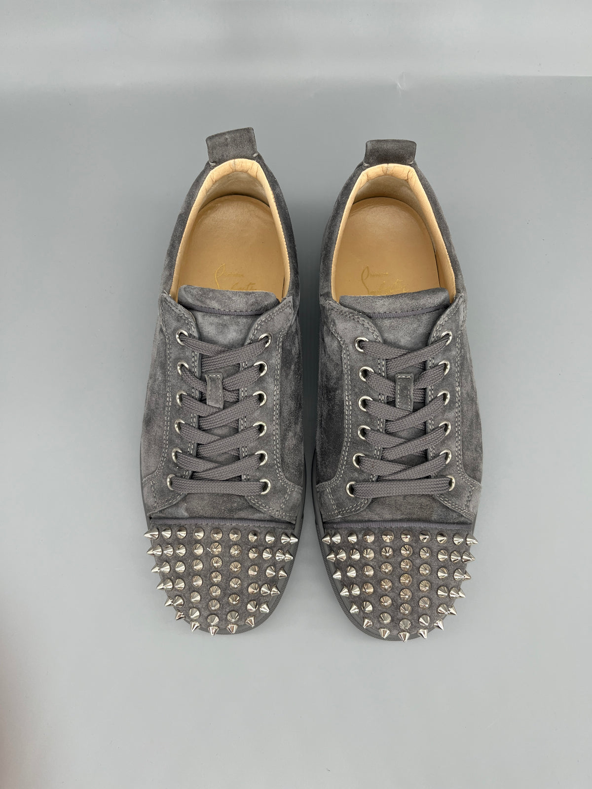 Christian Louboutin Louis Junior Spikes grey suede designer sneakers with silver spike studs