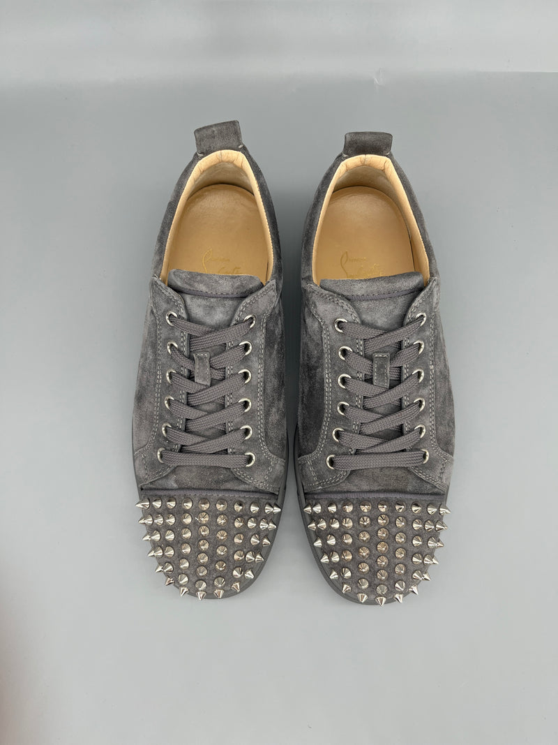 Christian Louboutin Louis Junior Spikes grey suede designer sneakers with silver spike studs