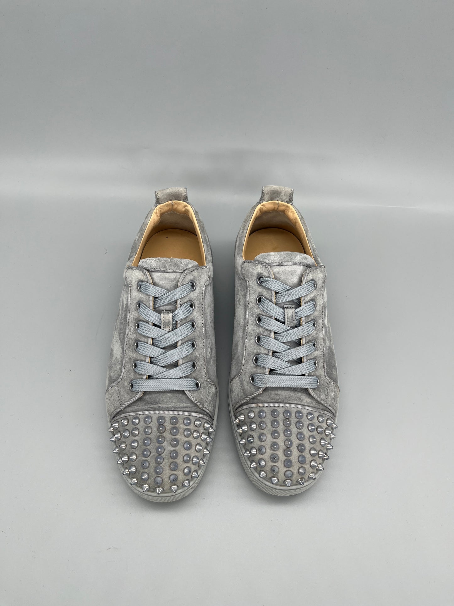 Christian Louboutin Louis Junior Spikes grey suede designer sneakers with silver studs