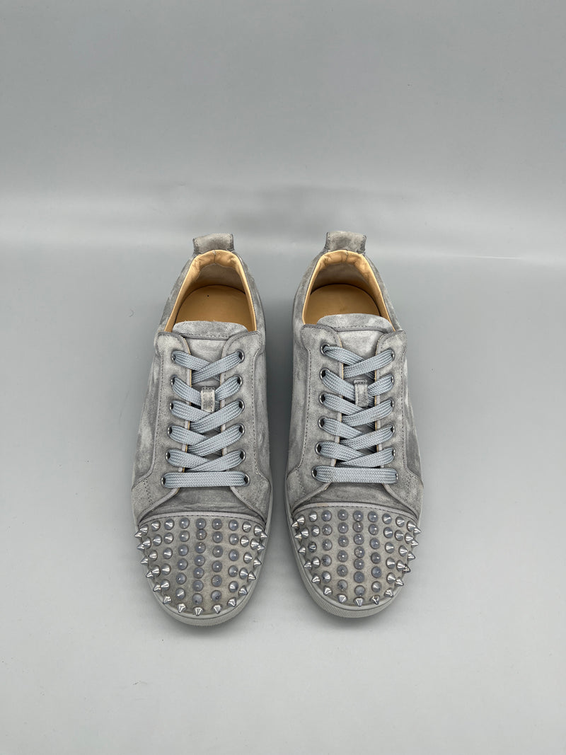 Christian Louboutin Louis Junior Spikes grey suede designer sneakers with silver studs
