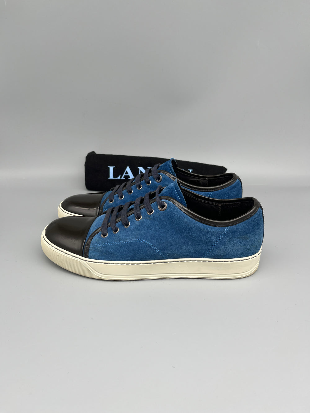 Lanvin DBB1 patent cap toe sneaker blue suede men’s designer low-top luxury shoes