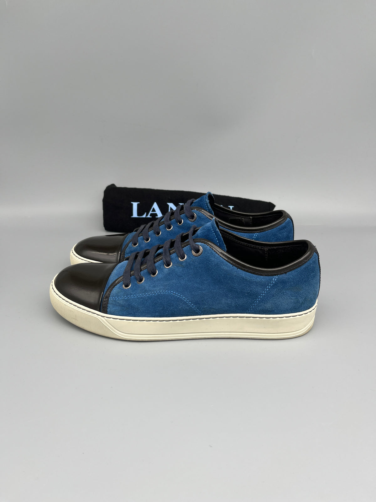 Lanvin DBB1 patent cap toe sneaker blue suede men’s designer low-top luxury shoes