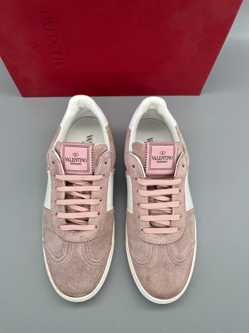 Valentino Flycrew pink suede womens designer sneakers front view