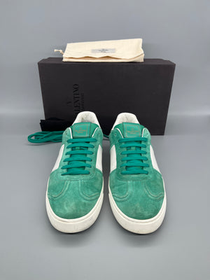 Valentino Garavani Flycrew mint green suede designer sneakers front view