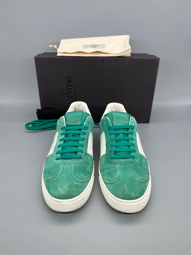 Valentino Garavani Flycrew mint green suede designer sneakers front view