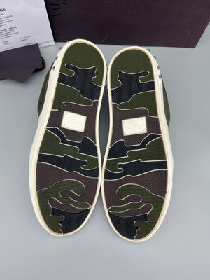 Valentino Garavani Flycrew suede sneaker in army green underside of sole